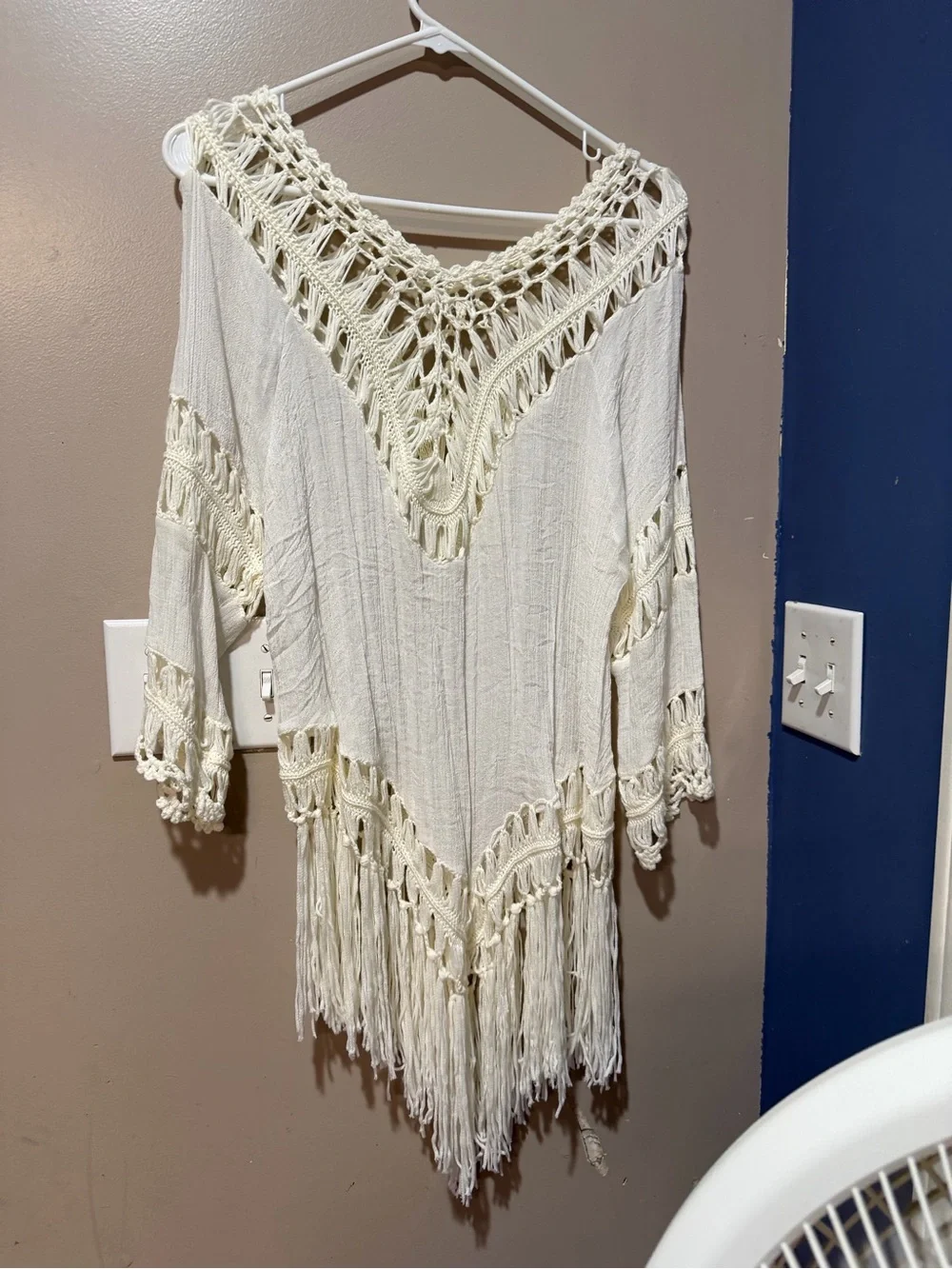 Forever 21 Cream Crochet Fringe Swim Coverup Poncho M